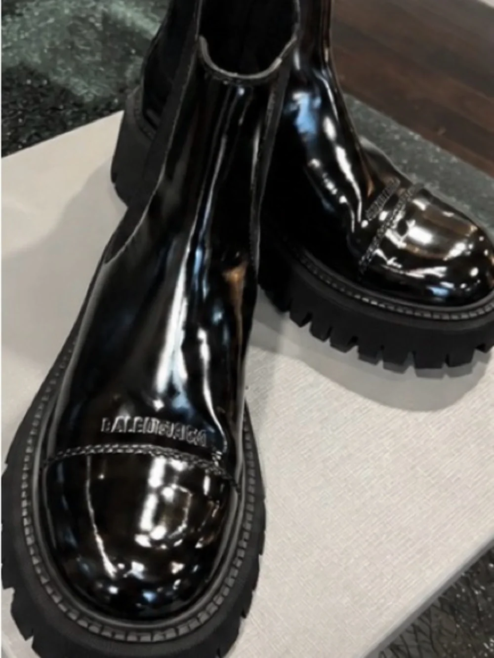 Balenciaga Black Patent Chelsea Lug Boots for Men